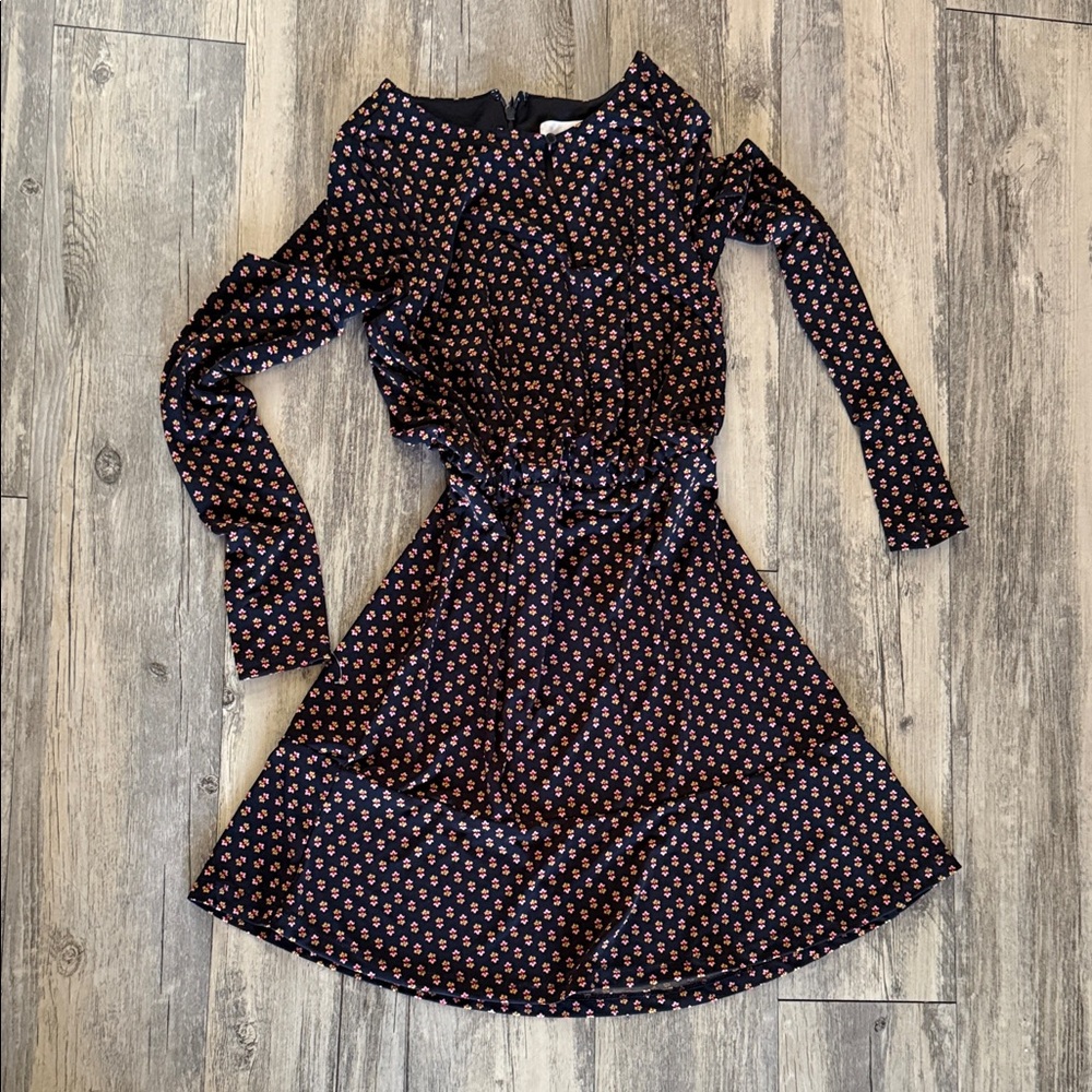 LOFT Long Sleeve Floral Dress in Black with yellow and Pink